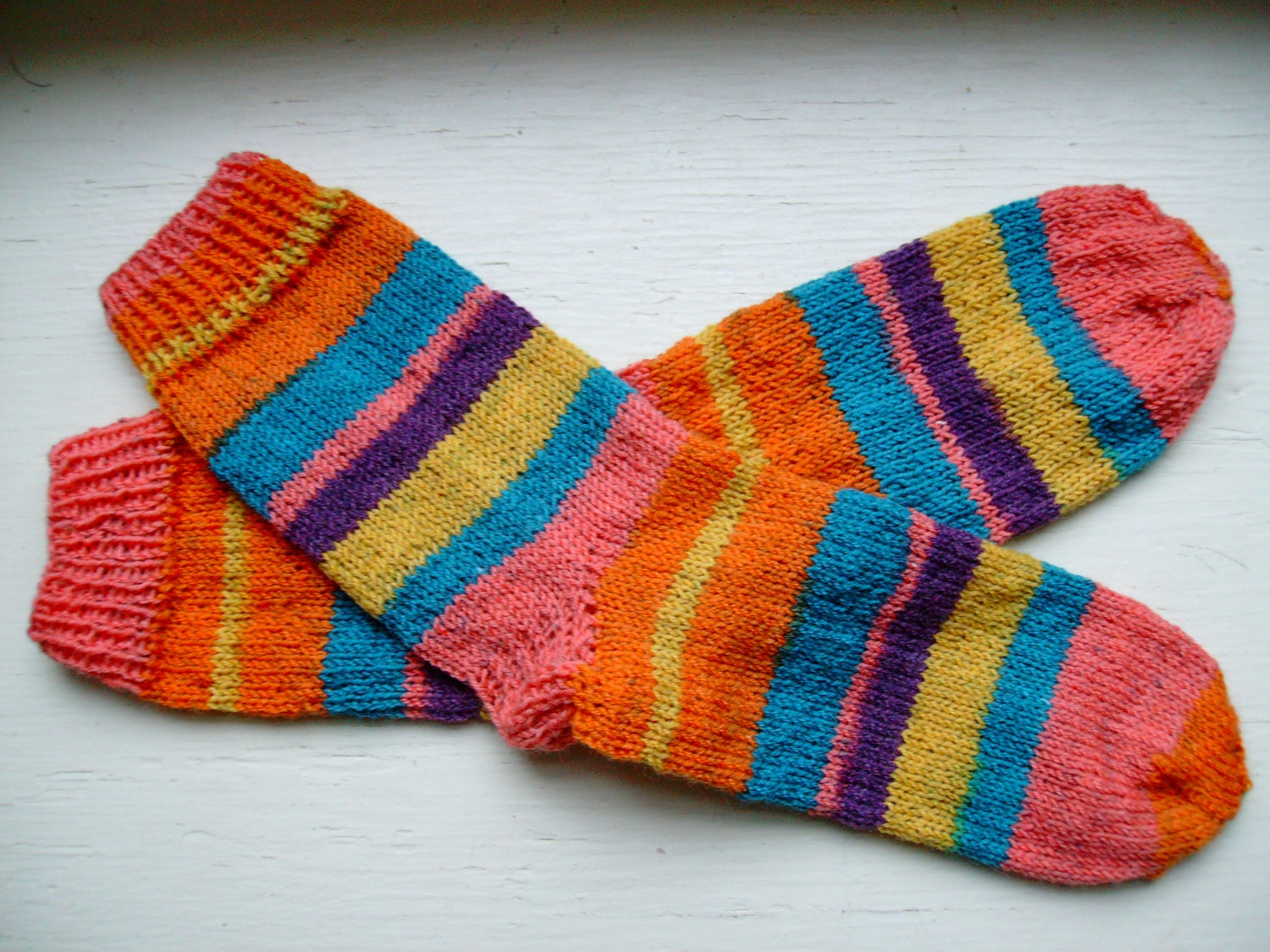 Hand Knit Soft And Warm  Striped Women's Superwash Wool  Socks, Size 8 - 8.5 (9.75 inches length)