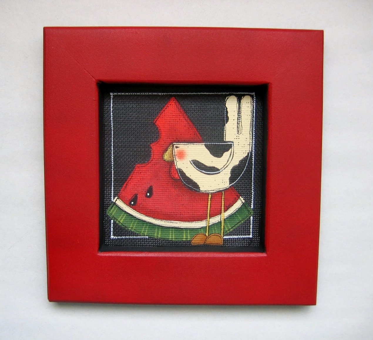 Chicken and Watermelon, Summer Time, Tole Painted, Framed in Red