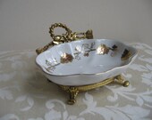 Vintage Stylebuilt Footed Soap Dish Porcelain Gold Filigree Metal LeavesTassels, Made in USA, Hollywood Regency