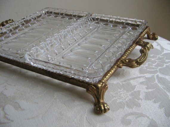 Vintage Ornate Gold Metal Tray Glass Crystal by vintagenowandthen