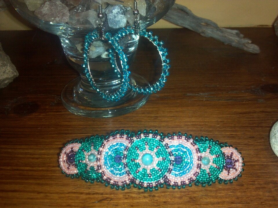 Native Inspired Rosette Hair Barrette Teal Pink Earrings Set Handmade Beaded Gift Custom NEW