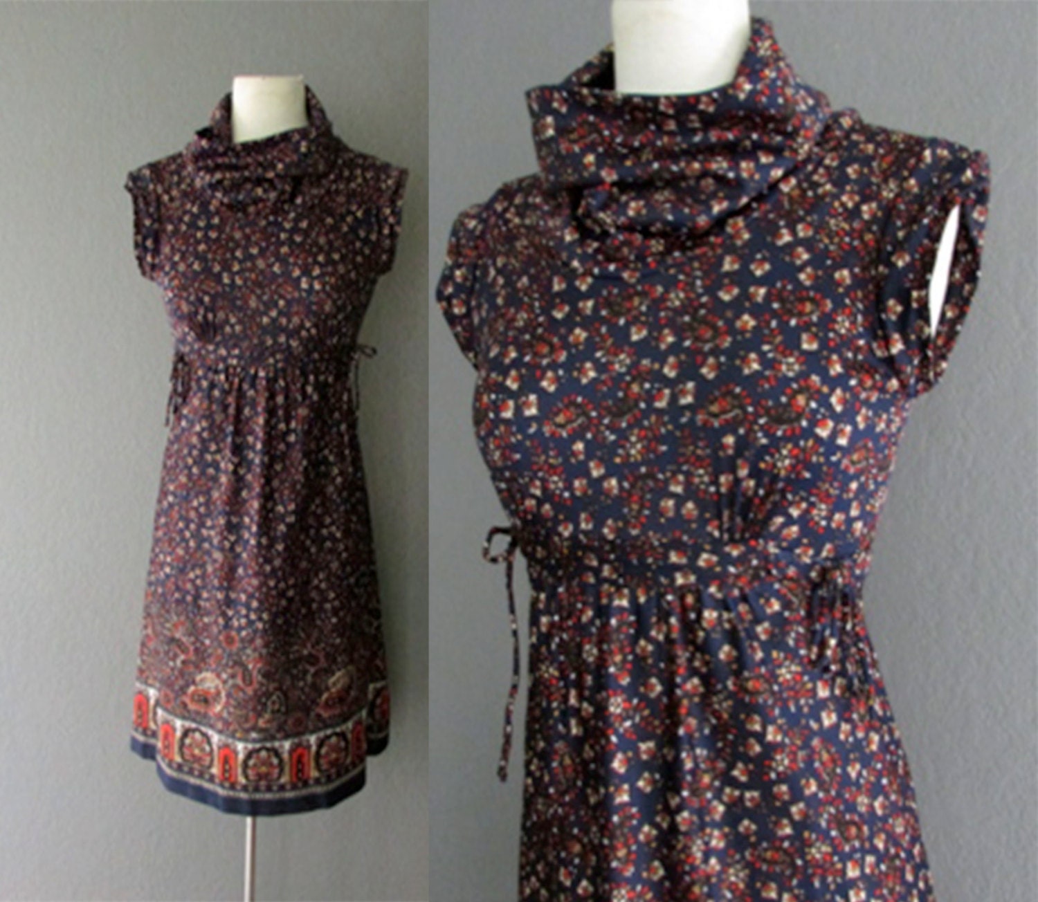 cowl neck empire waist floral vintage 70s paisley print mini dress - size small