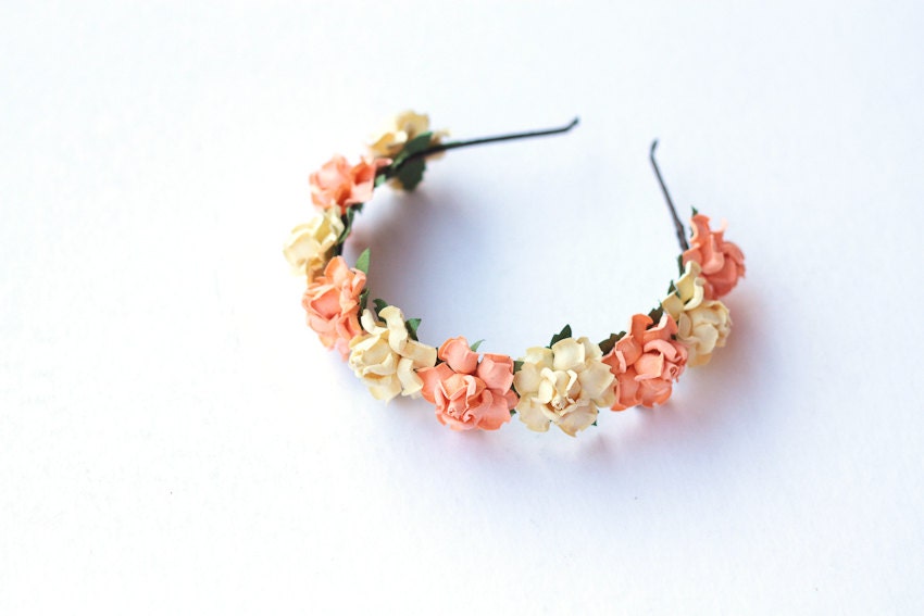 sweet rosie rose flower headband / cream & orange peach / vintage inspired floral headpiece, rustic, wedding, bridal, pastel, hair accessory