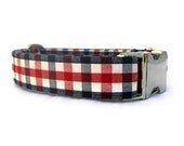 Gingham Dog Collar  with Nickel Plate Hardware - Red White and Blue American Gingham