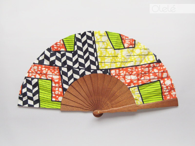 Wax print hand fan with case - Neon geometry