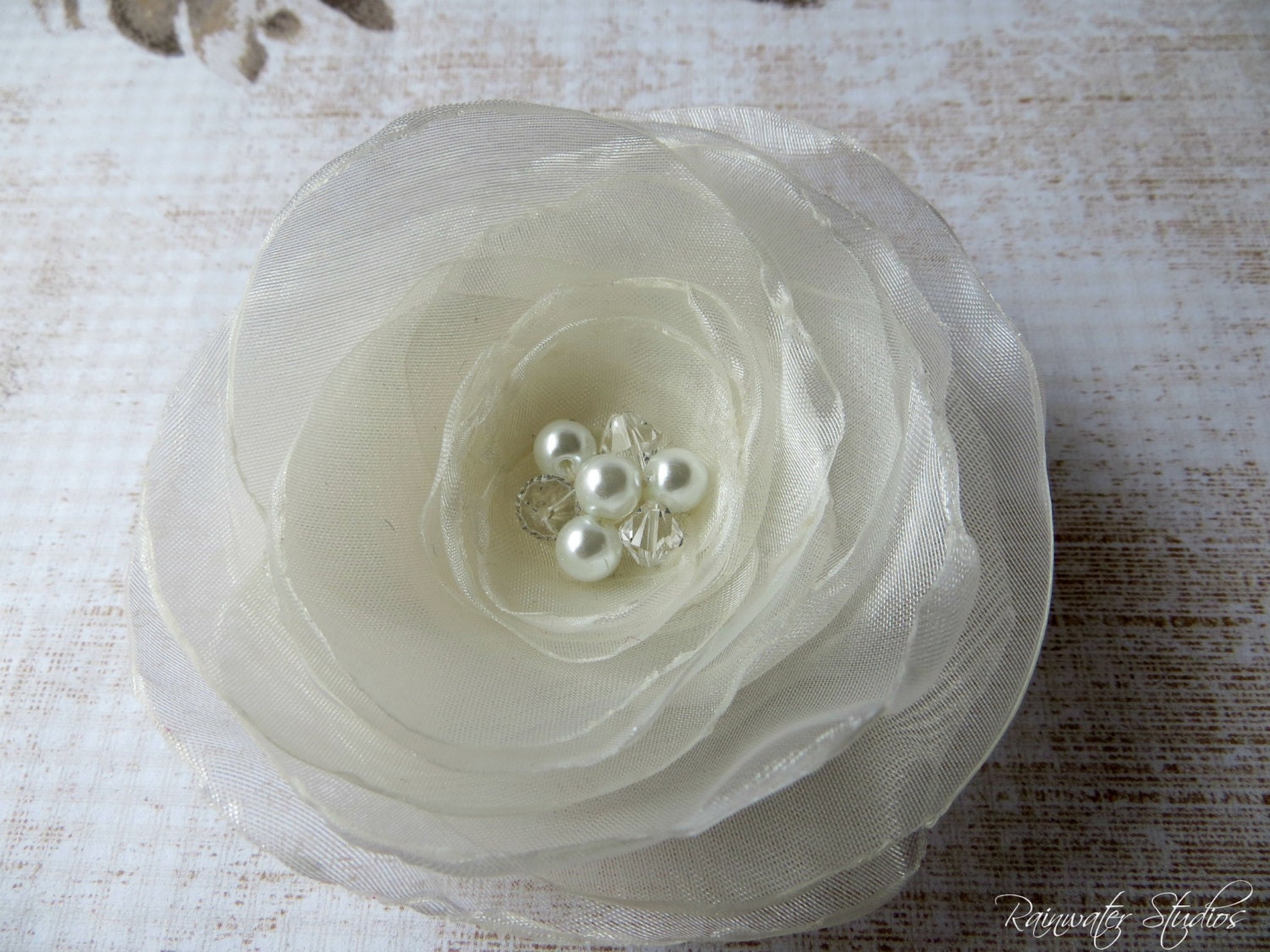 Wedding Hair Flower - Ivory Shimmery Organza Flower Girl Hair Flower, Bridal Accessory, Made To Order