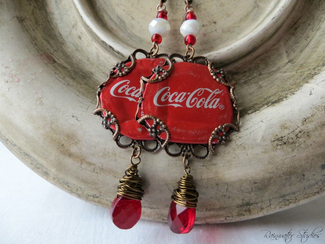 Upcycled Bottle Cap Earrings - Victorian Inspired, Ruby Red Tear Drop Beads