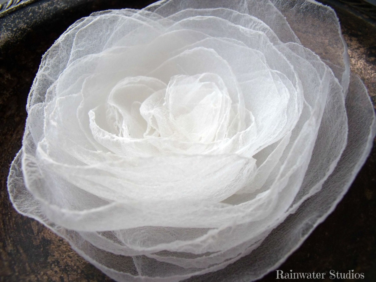 Wedding Hair Flower - Crushed Off White/Ivory Organza Hair Flower, Bridal Accessory, Made To Order