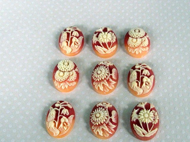 9 Resin Floral Cabochons Nine Flat Back Flowers 18 x 25mm