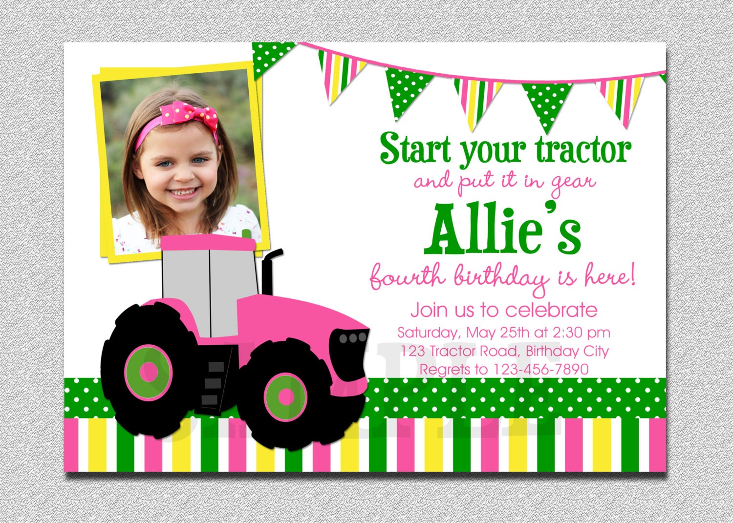 Pink Tractor Birthday Invitation 1st Birthday Tractor Birthday Party Invitation Il_170x135