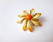 Vintage 60s Enamel Flower Brooch- Orange, Yellow, Goldtone, Mad Men, Mod