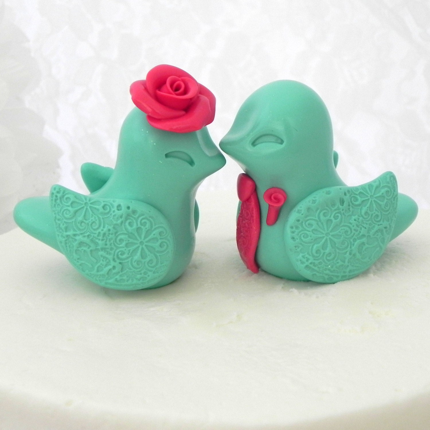 Wedding Cake Topper, Love Birds, Mint Green and Coral, Bride and Groom Keepsake