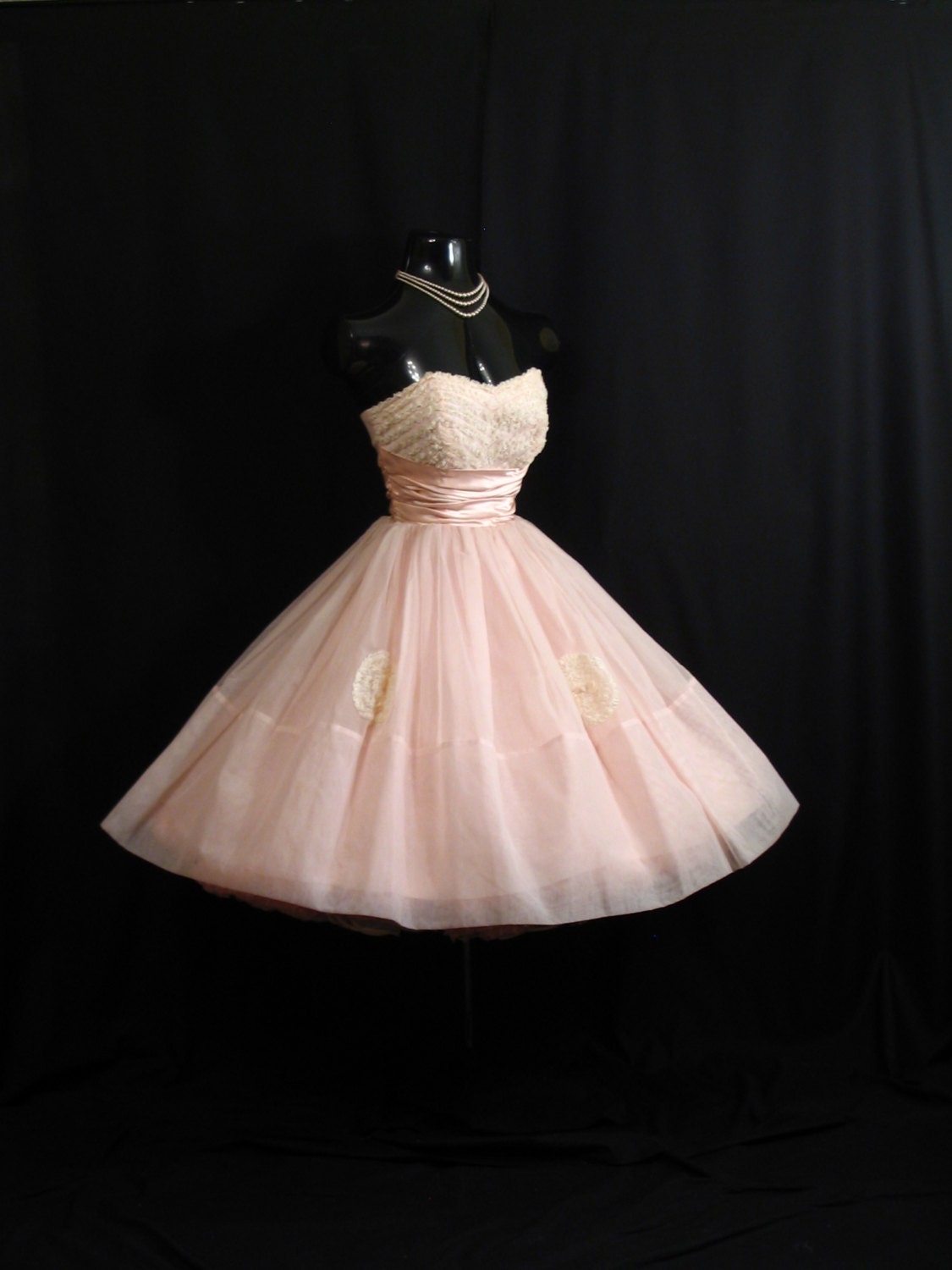 Vintage 1950's 50s Cupcake Strapless PINK Ruched Chiffon Organza Lace Party Prom Wedding Dress Gown