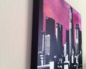 Los Angeles Skyline original screen print on wood -architectural photography, cities, pink, black and white