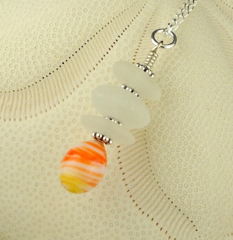 Orange And White Sea Glass Necklace Stacker Pendant Necklace