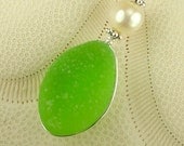 GENUINE Lime Green Sea Glass Jewelry Wire Wrapped Necklace Sterling Silver And Pearl Eco Friendly
