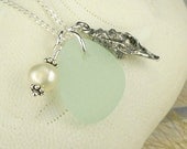 Sea Glass Pendant Necklace Pale Sea Foam Pewter Conch Shell with Pearl