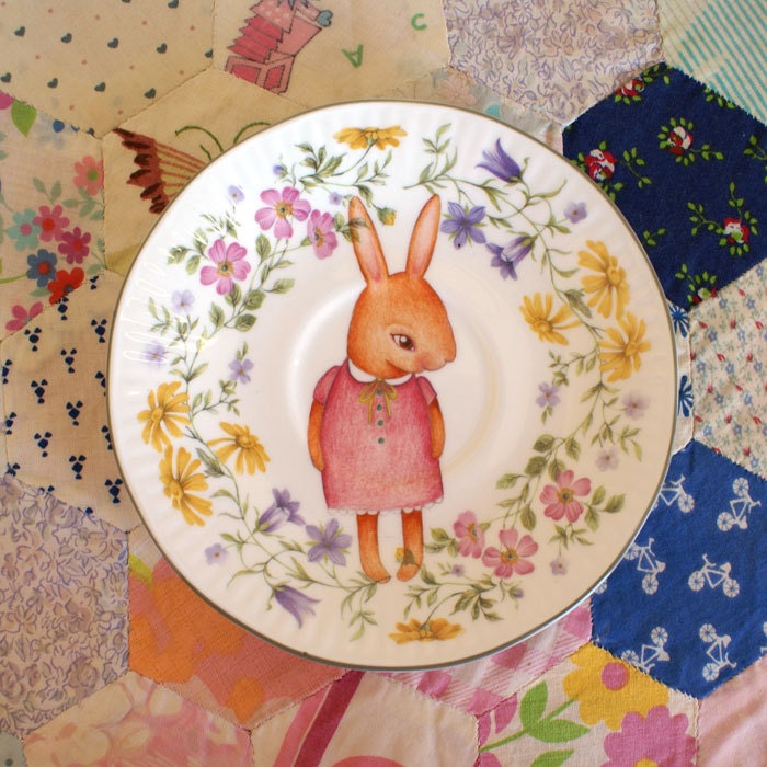 Beatrix Bunny With Floral Vintage Illustrated Plate