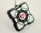 Portal Companion Cube Necklace - Black and White - Laser Engraved Acrylic