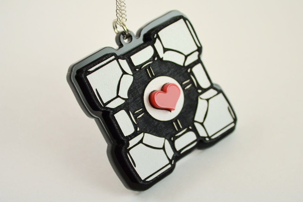 Portal Companion Cube Necklace - Black and White - Laser Engraved Acrylic