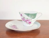 Vintage Fine China Green FLORAL TEACUP and SAUCER Set Snack Plate