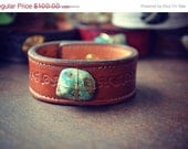 MEMORIAL DAY SALE Lux Bohemian Brown Recycled Stamped Earthy Leather Green Natural Turquoise Gemstone Cuff
