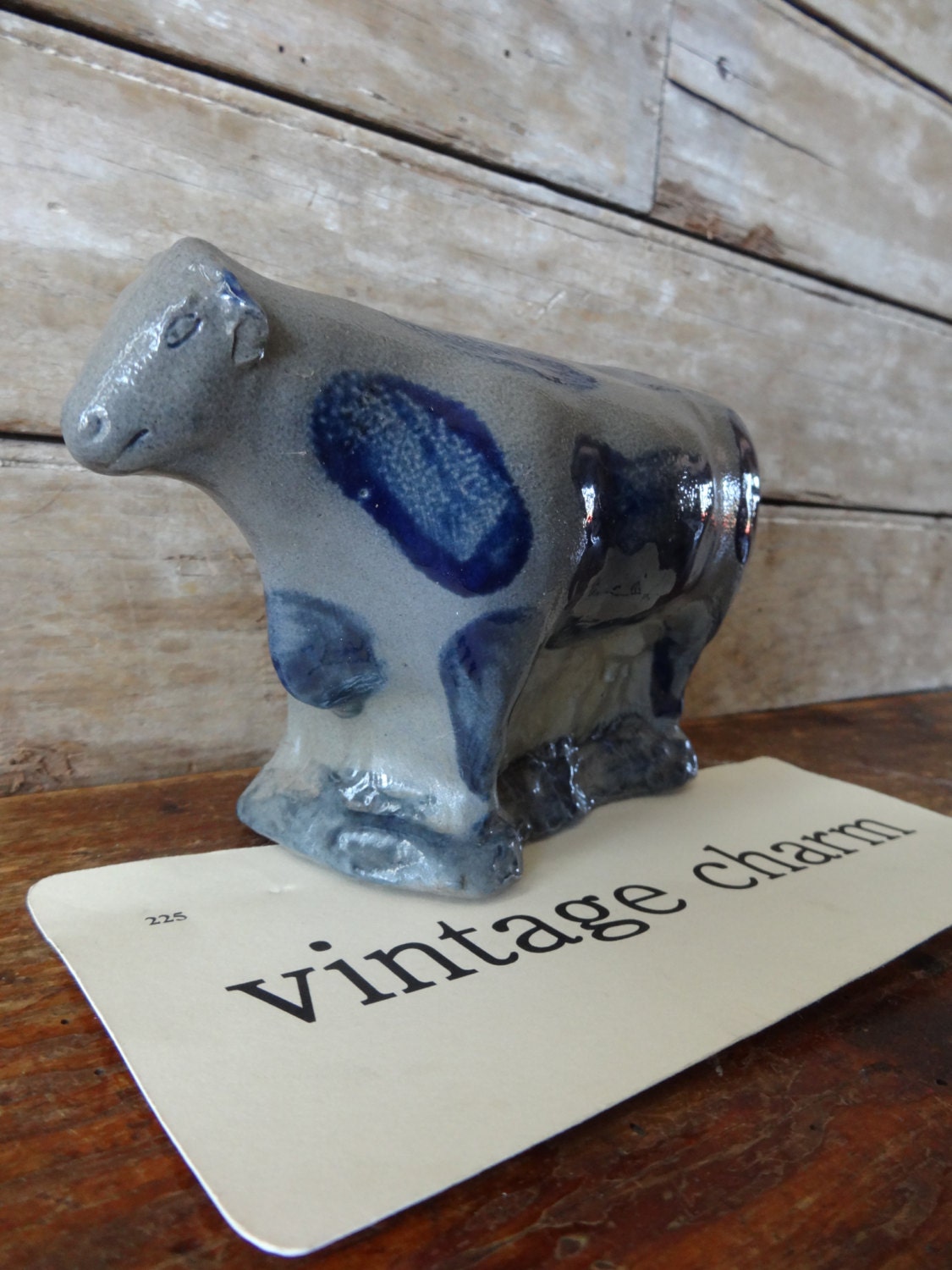 Cow Stone Ware Figurine Blue and Gray