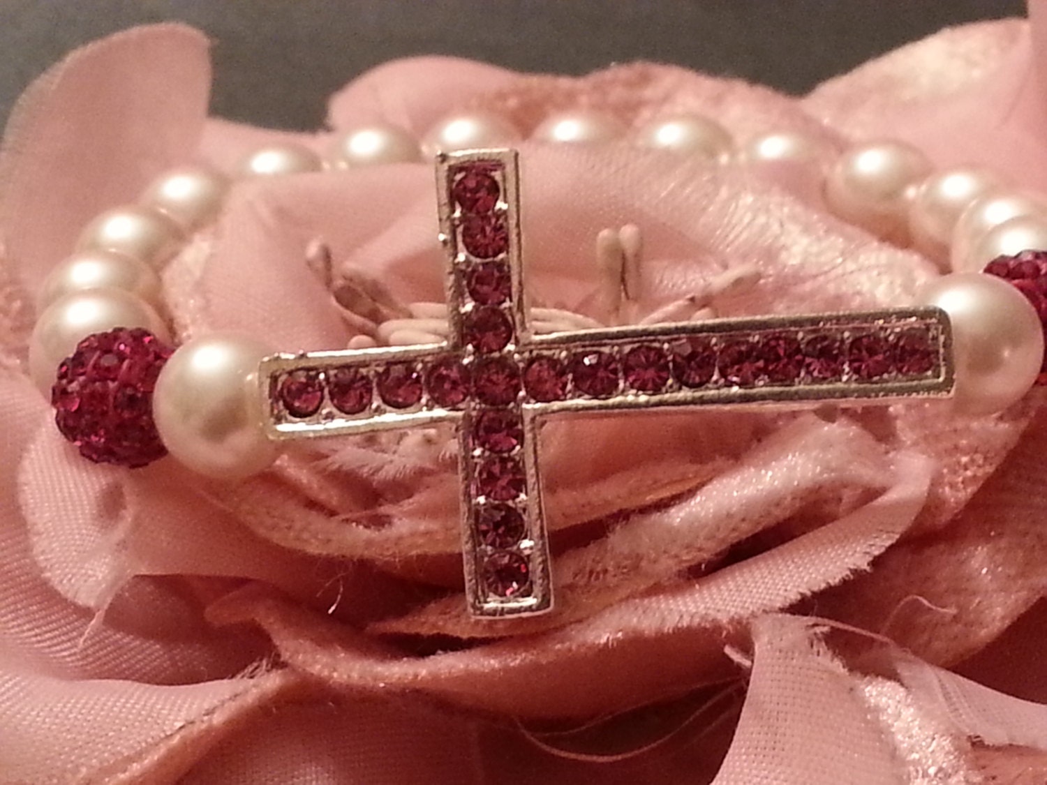 Bogo Sale Pave Crystal Silver Hot Pink Sideways Cross Light Baby Pink Glass Pearls Disco Beads Faith Bracelet