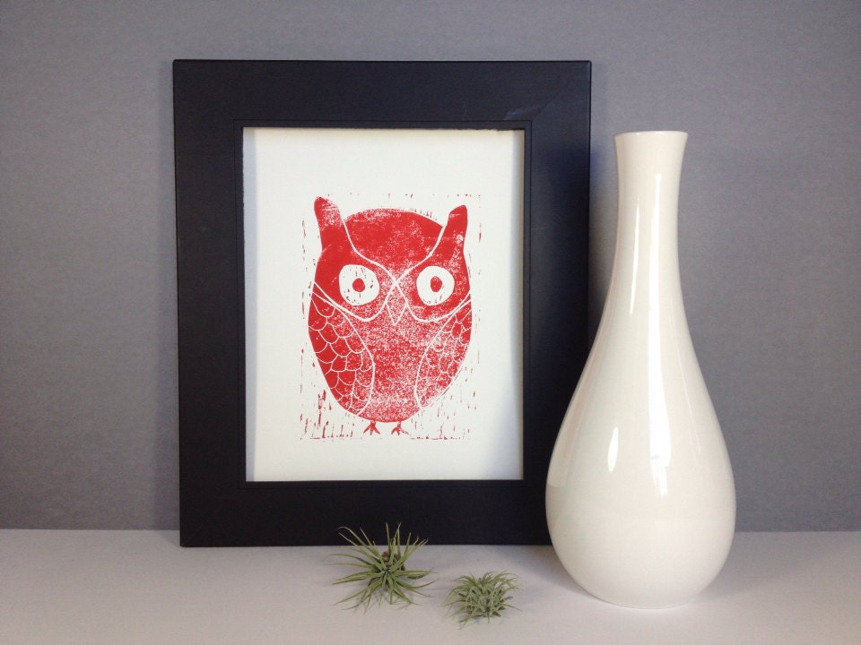 OWL Wall Decor Art Linocut PRINT Red Owl 8x10