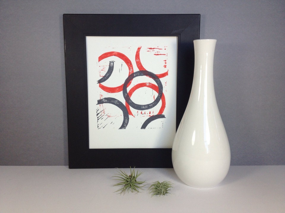 Coral and Gray Mid Century Modern Art linocut print 8x10