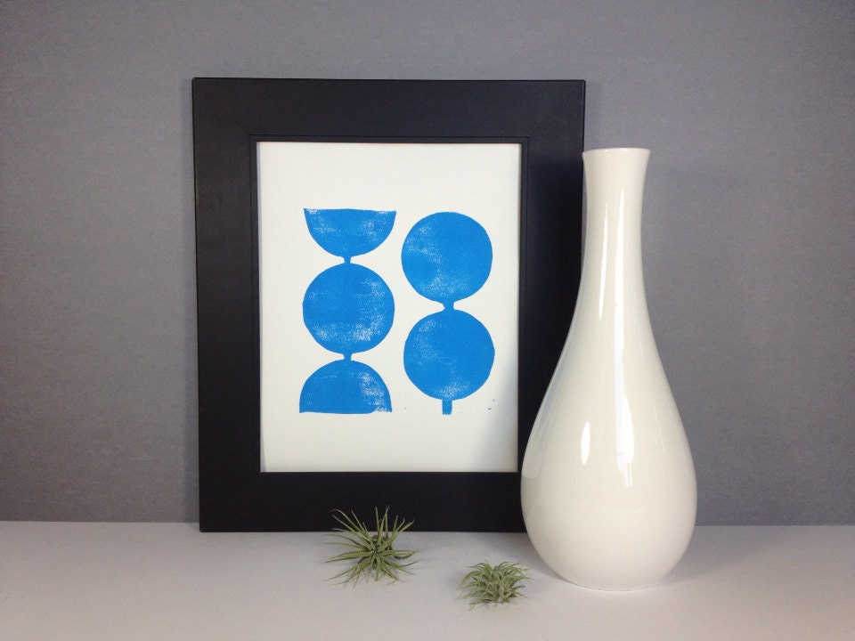 Modern Decor Geometric Circles in LIght Blue Linocut Art Print  8x10 Polka dot