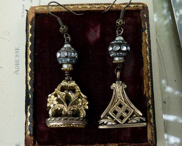 SALE:  Antique Fob Earrings, Victorian Gypsy Ornament, by RusticGypsyCreations