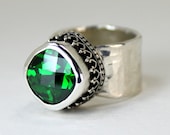 Emerald Green Ring - Sterling Silver Gemstone Ring - Statement Ring - CZ Ring - Cushion Cut Gem - Spring Ring - May Birthstone