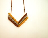 Triple Chevron Necklace. Geometric Arrow. Modern Crochet Pendant - Brown, Grey, Ochre