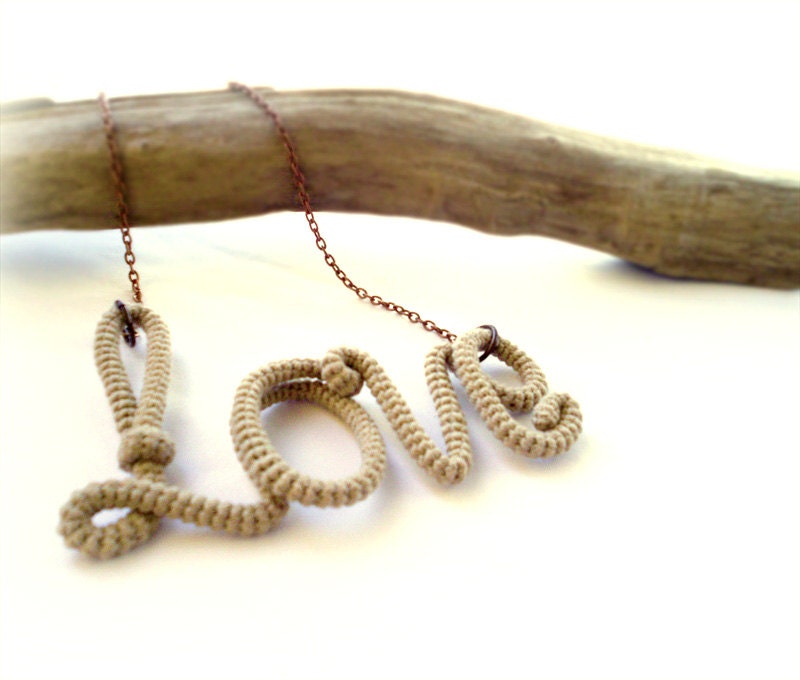 Rustic Love Pendant Necklace, Wrapped Crochet Tube