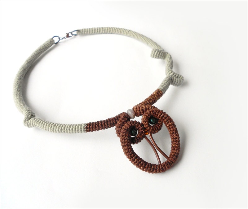 Exotic Necklace, Crochet Statement, Brown Owl - Olive Green Cable Choker