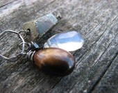 Three Stone Boho Necklace Bohemian Leather Cord Moonstone Druzy Pyrite Tiger Eye Stone Jewelry Wire Wrapped Adjustable