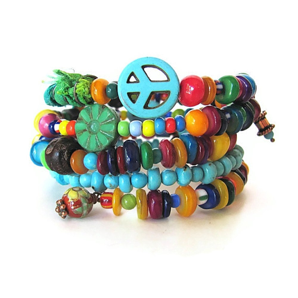 FLOWER POWER beaded memory wire bracelet  hippie boho jewelry boho hippie beaded wrap hippie bracelet