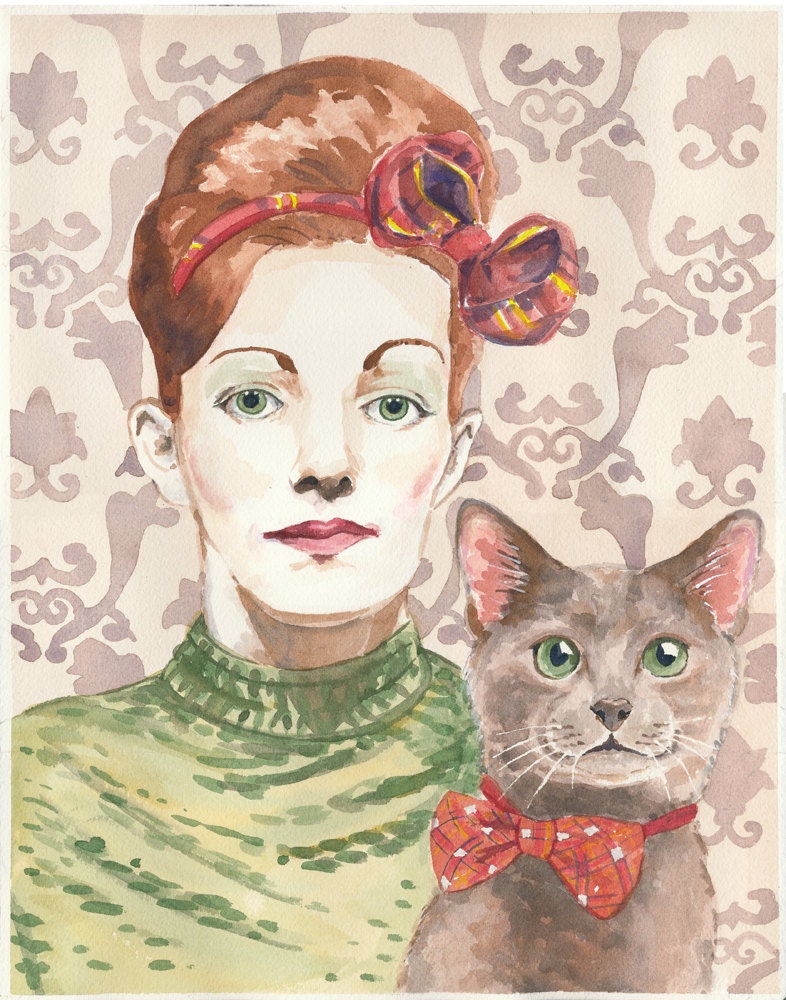Cat Watercolour PRINT, Woman Watercolor, Portrait Painting, Girl and her Cat, 11x14