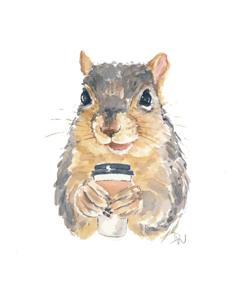 Squirrel Watercolor Original Painting Art, Squirrels Love Coffee, Squirrel Art, 8x10 Original