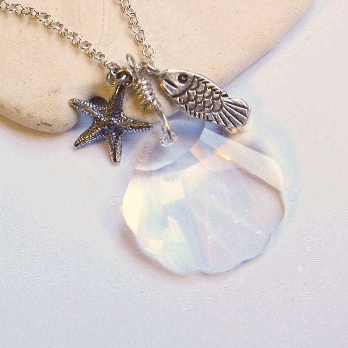 Cluster seashell necklace, beach jewelry, clam fish starfish aquatic sealife nature jewelry