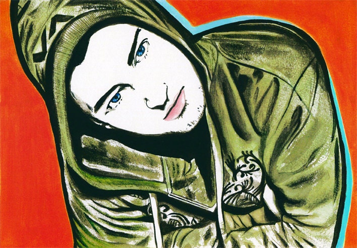 Justin Timberlake Watercolor Orange Background Green Hoodie - 8" x 10" Reproduction of a Watercolor Painting