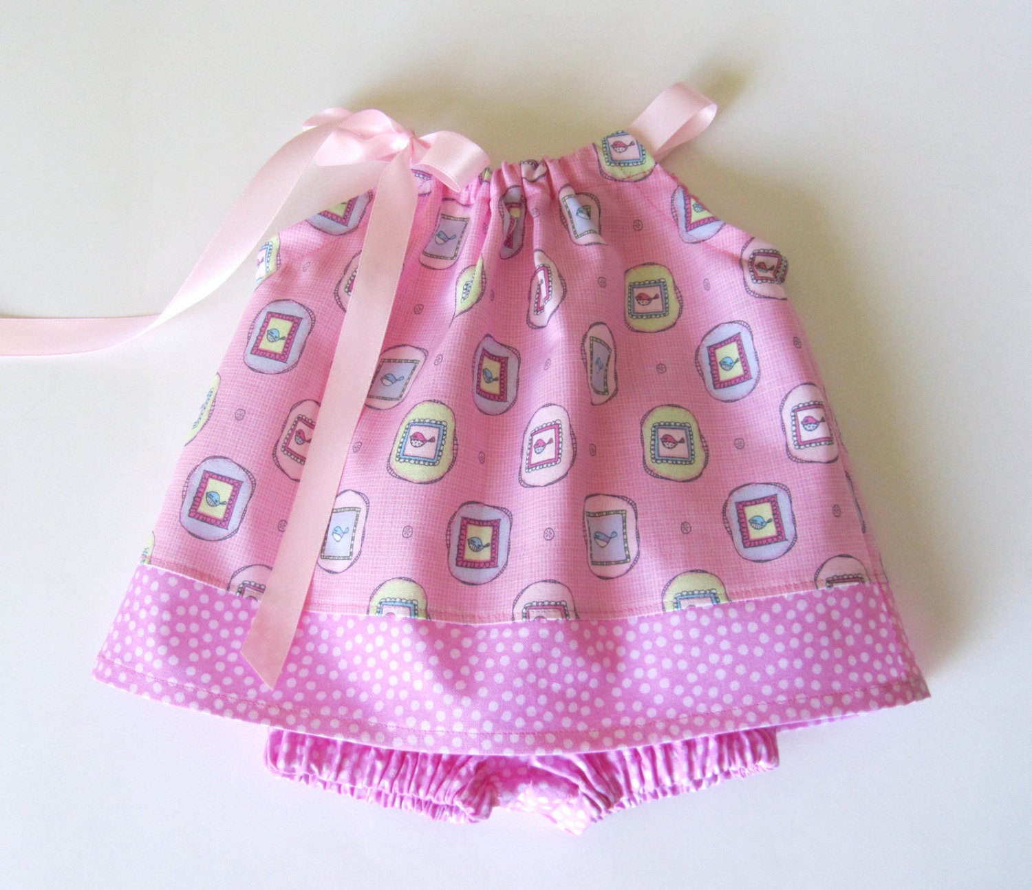 New - Infant Pillowcase Dress with Bloomers - Wee Little Birdies on Pink - Sizes Newborn, 3 Months, 6 Months, 9 Months or 12 Months