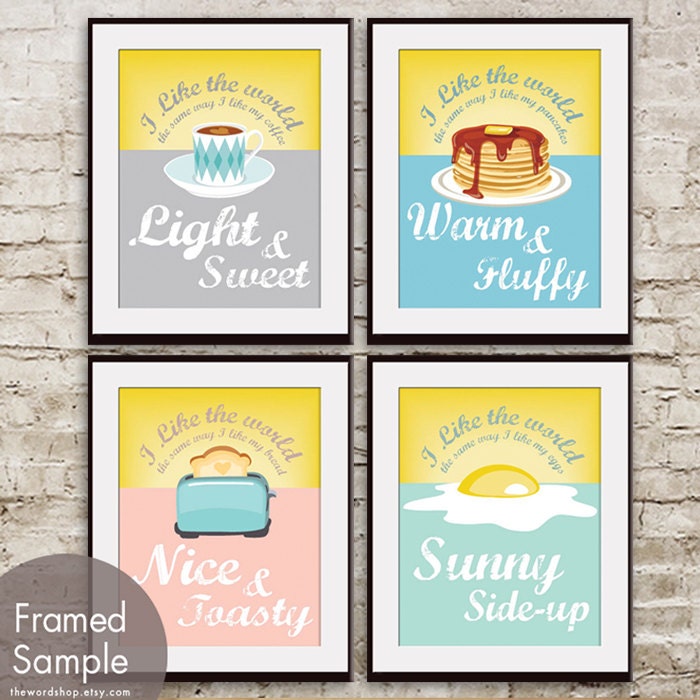 Breakfast Art I like the World Series - Set of 4 8x10 Art Prints (Color: C Cool Color Palette)