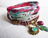 pure silk brocade wrap bracelet wine red light pastel blue