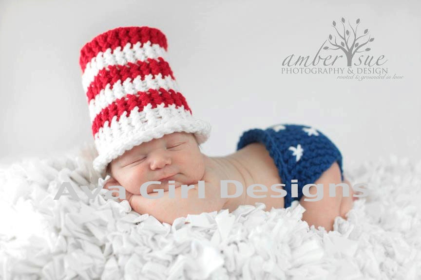 Knitted baby Fourth of July patriotic hat diaper cover set red white blue 3 to 6 months