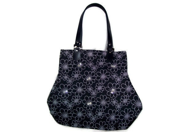 Black and White Floral Handbag with Vintage Rhinestones