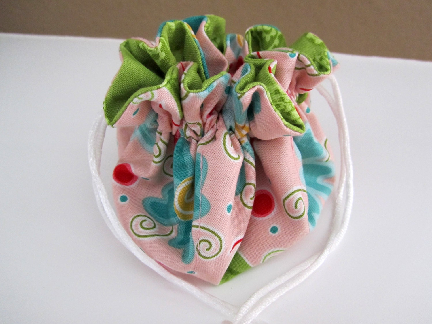 Drawstring Travel Jewelry Bag/Holder/Organizer- Pink and Blue Floral with Paisley Lining