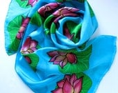 Silk scarf, lotus pond, hand painted - summer fashion accessories- ready to ship