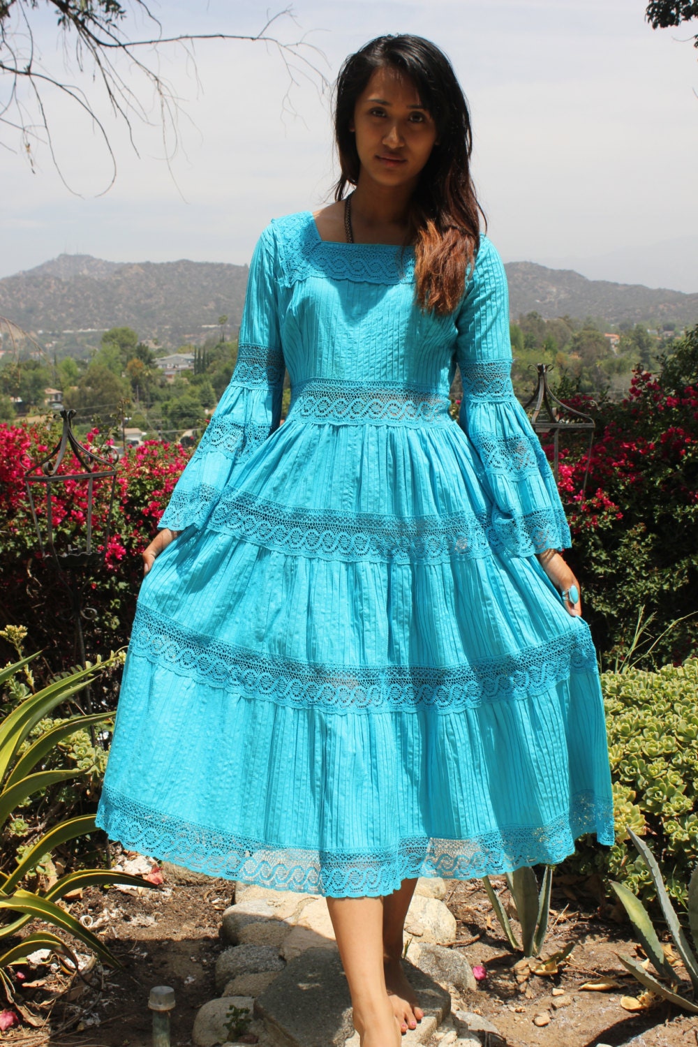 Bonita Senorita Crochet Vintage Hand Embroidered Mexican Maxi Dress Hippie Bohemian Circa 1970s